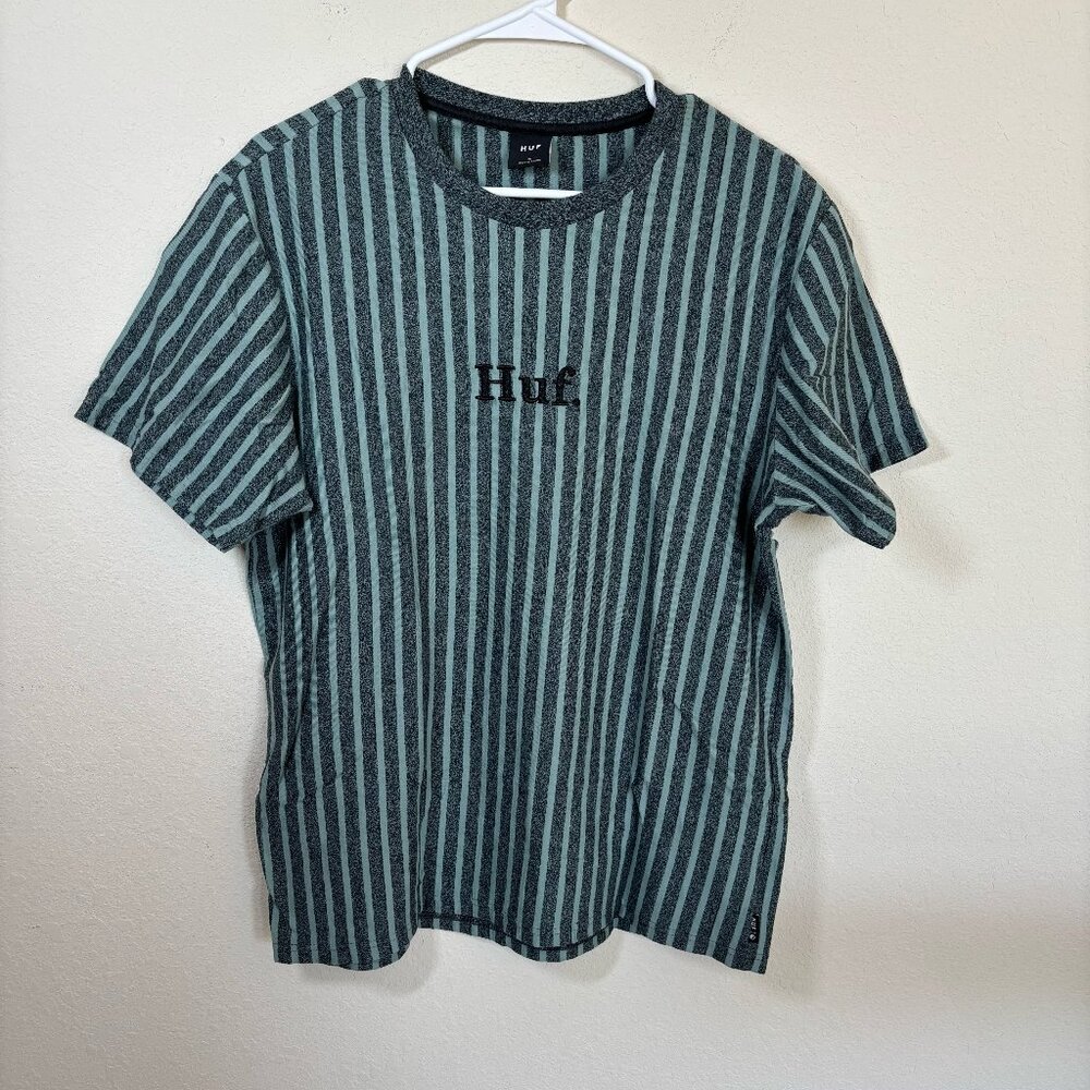 HUF Striped Embroidered Short Sleeve T-Shirt Men's Size Large Grey Teal